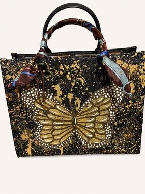 Anca Barbu Hand Painted Leather Handbag Tote with Butterfly Motif